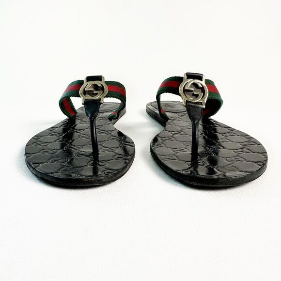 GUCCI Black Web Stripe GG Sandal 40.5 Flat Flip Flop Leather Guccissima Embossed - Picture 6 of 12
